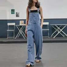 Korean Japan style straight loose wide section denim overalls school Hip Hop Streetwear casual cute slim women wide leg pants