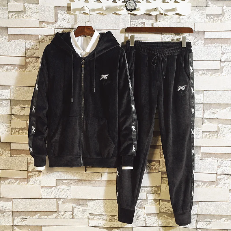 

Gold Velvet Long Sleeve Two-Piece Set Winter MEN'S Sportswear Set Fashion Brushed And Thick Casual Coat Men's