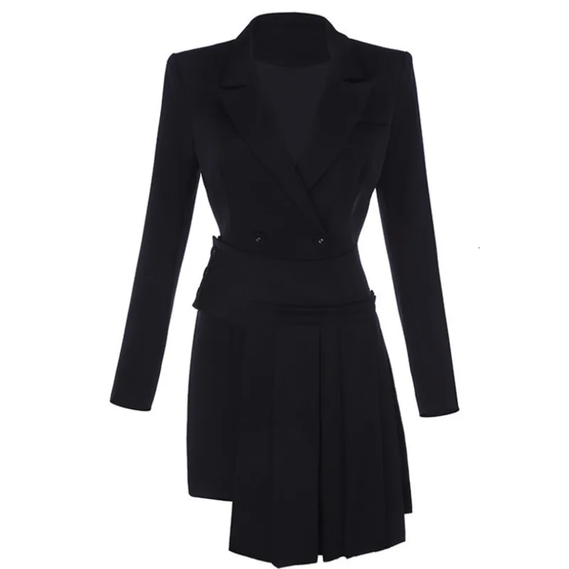 [EWQ] осень необычный дизайн черный офисный женский длинный рукав сексуальный однотонный Блейзер платье Осень NA689