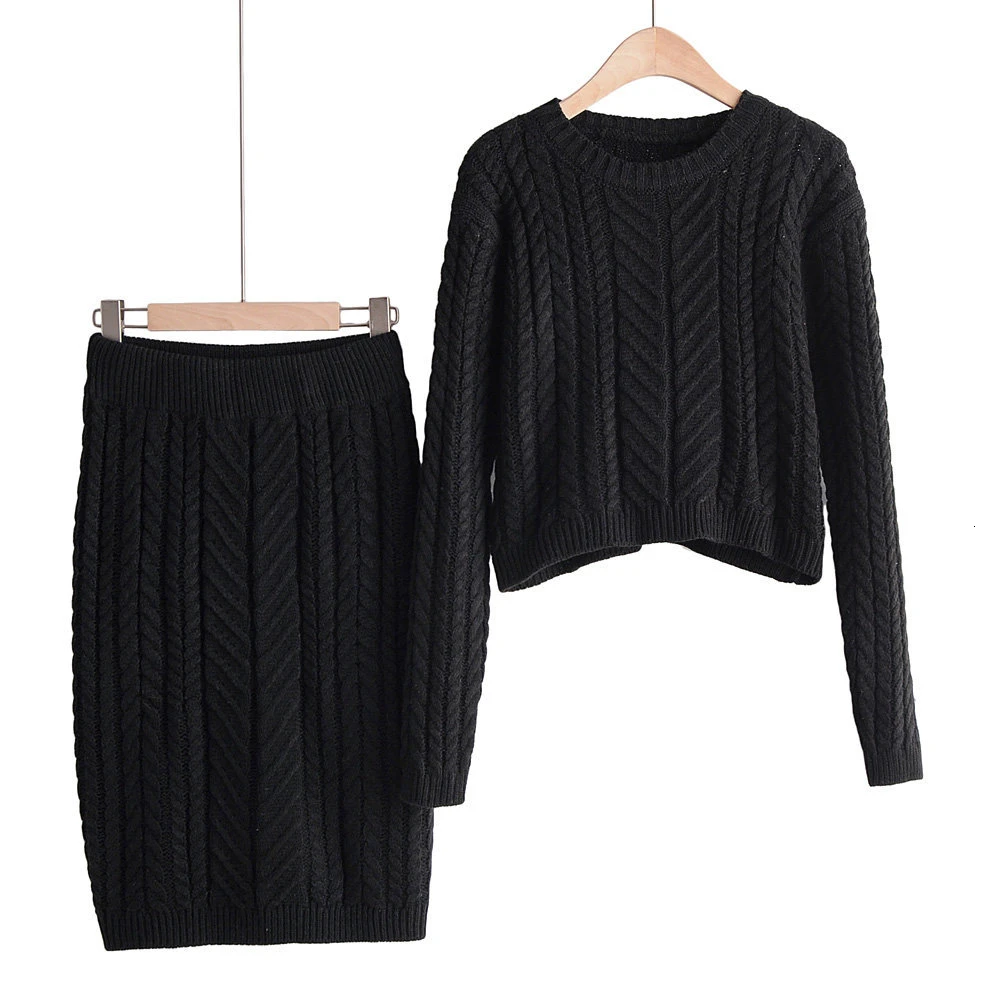 Комплект из 2 предметов, свитер бодикон, вязаная женская юбка, однотонный короткий свитер, осенний костюм из двух частей, женский зимний комплект, длинный рукав, vestidos - Цвет: black