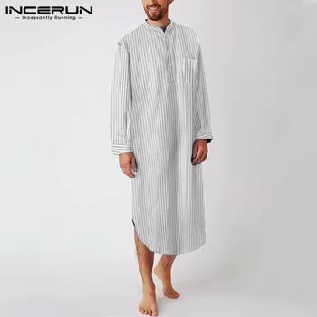 

Men Striped Robes Homewear Cotton Long Sleeve Pockets Stand Collar Leisure Dressing Gown Men Sleepwear Nightgown INCERUN S-5XL
