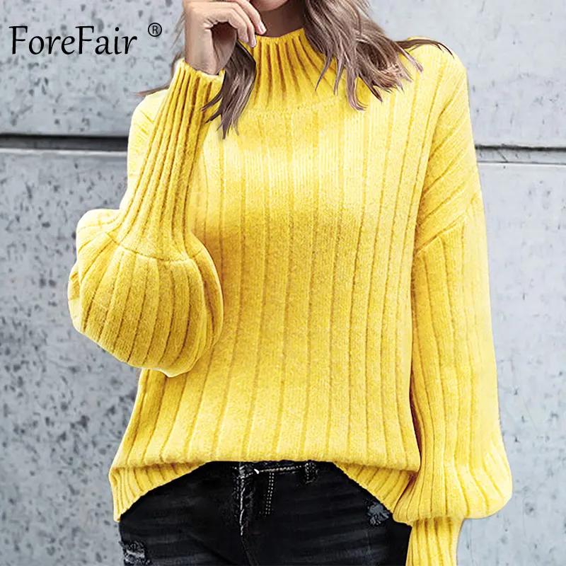 

Forefair Lantern Sleeve Knitted Winter Sweater Women Autumn Jumper Slim Basic Yellow White Turtleneck Sweater Female