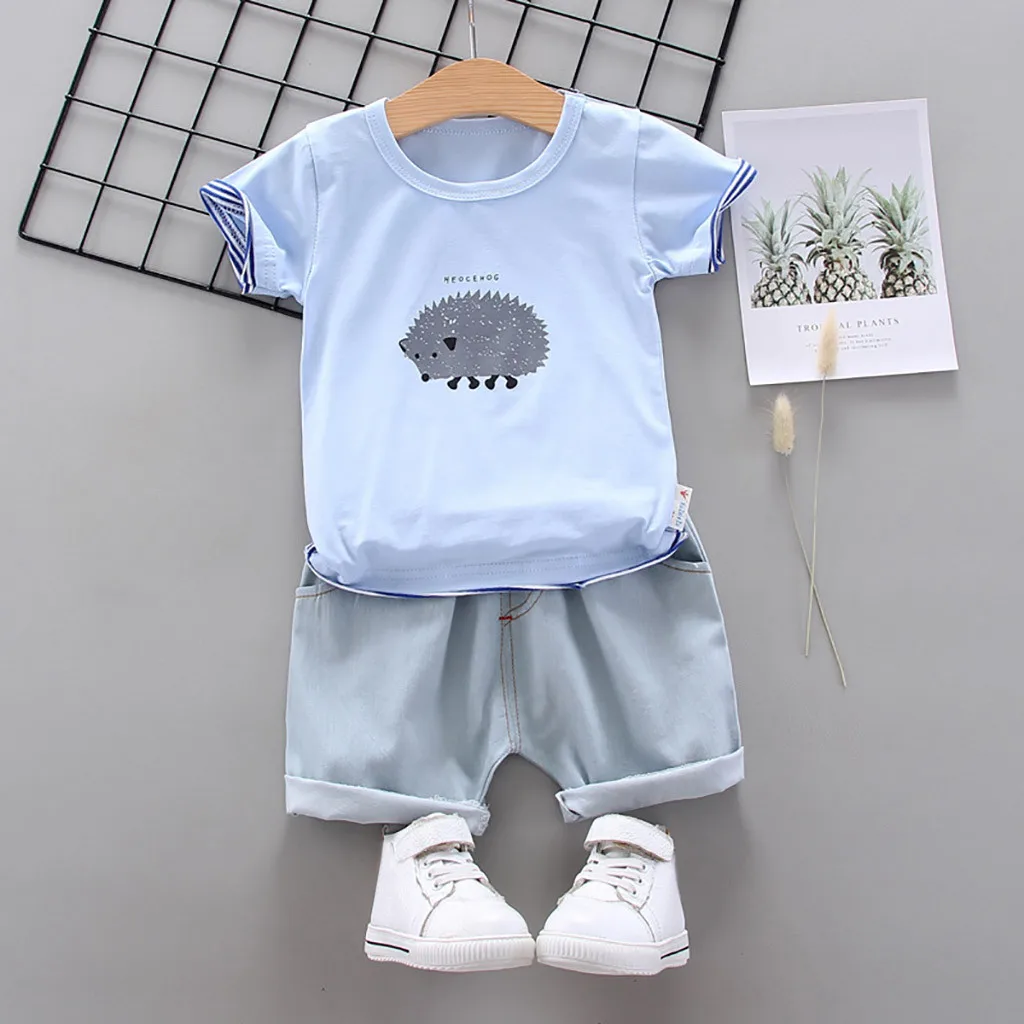 

2pcs Toddler Baby Boys Cartoon Letter T-shirt Tops Denim Shorts Clothes Set Kids Boys Hedgehog Print Top Short Pants Outfits Set