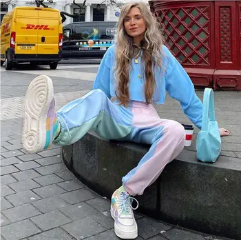 

Spring and summer women's new temperament color stitching trousers high waist casual pants