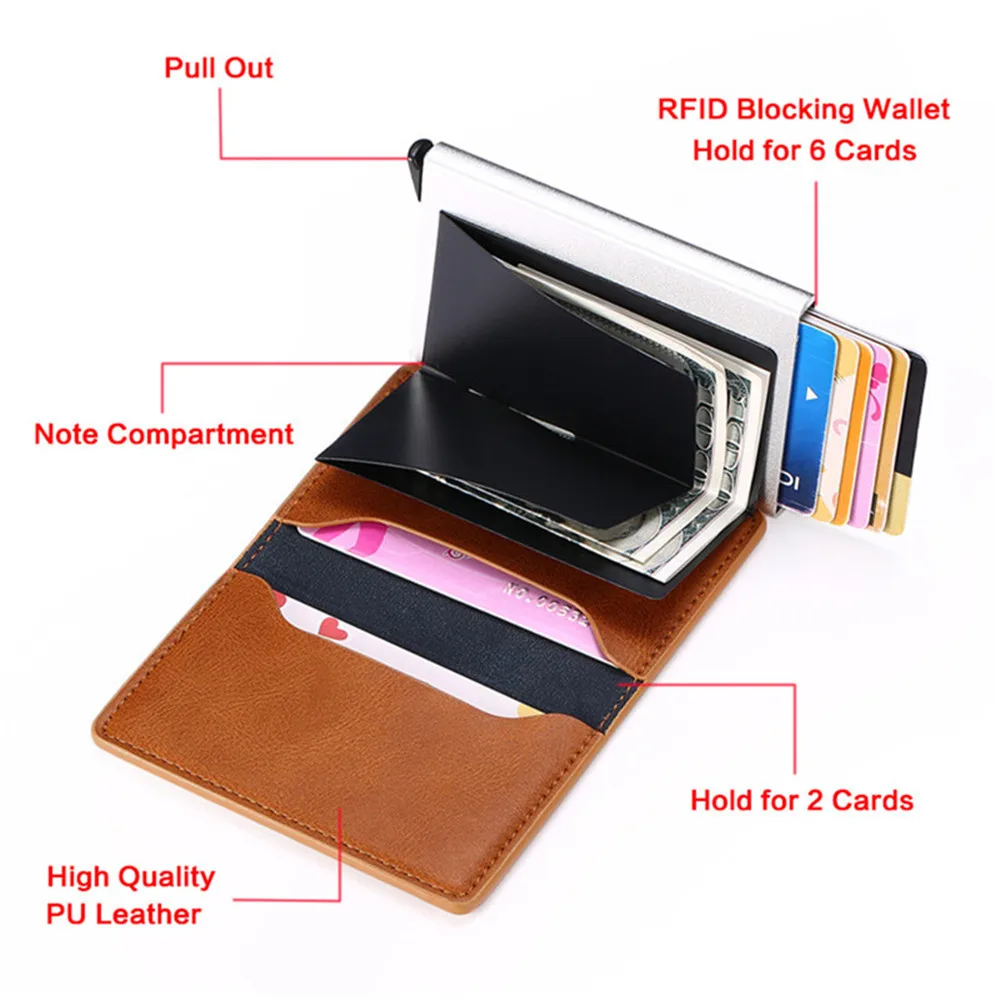 Customized 2022 Credit Card Holder Wallet Men Women RFID Aluminium Bank Cardholder Case Vintage Leather Wallet with Money Clips 4