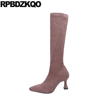

sexy plus size boots knee high chunky 10 heel big luxury brand shoes women tall pointed toe suede stretch pink long fashion 41