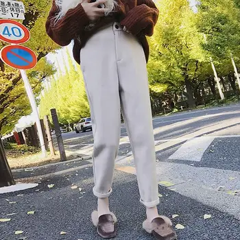 

2019 Winter Elastic Waist Women's Harem Pants Mid Plus Size Casual Solid Warm Female Long Women Woolen Trousers