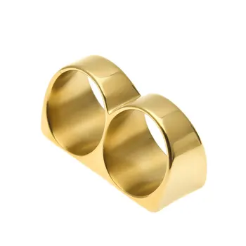 

New Simple Fashion Mens Stainless Steel Gold Plated Double Finger Punk Rings Hip Hop Jewelry gift