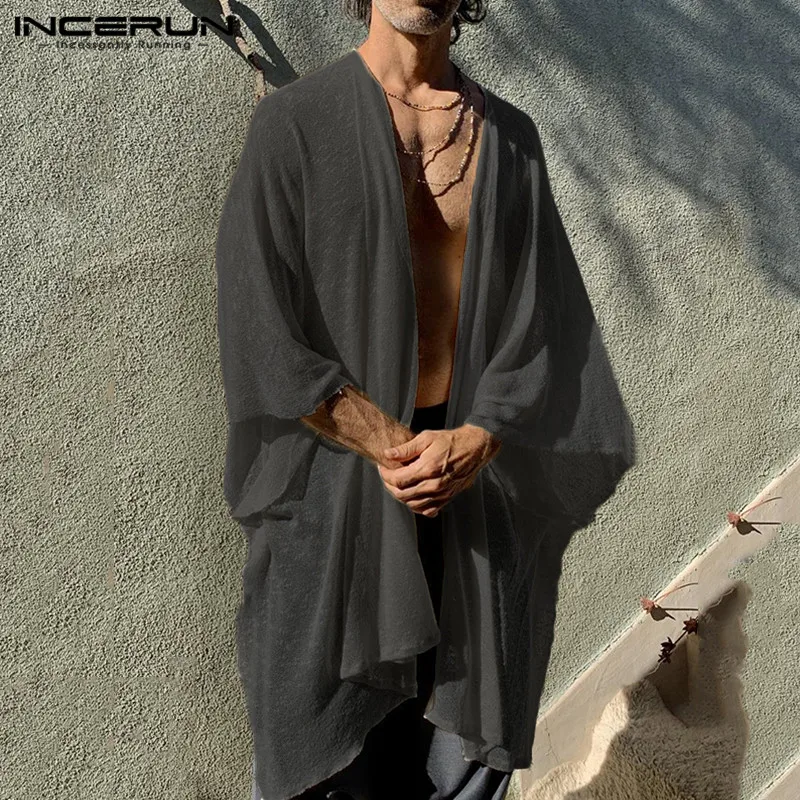 INCERUN 2021 hombres trinchera Vintage abierta de punto de Color sólido 3/4 manga larga prendas de vestir exteriores ropa informal suelta capa Casual abrigos S-5XL