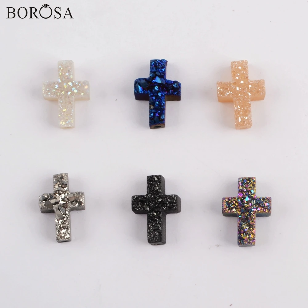 

BOROSA 10Pcs Rainbow Cross Titanium Agates Druzy Bead Electroplated Natural Drusy Beads Jewelry Finding for Bracelet DIY LS065