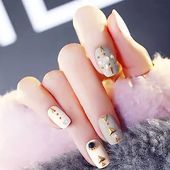

24pcs/box with 2g glue short size full cover square head fake Nails press on pre-designed Grey color false Nail tips for women