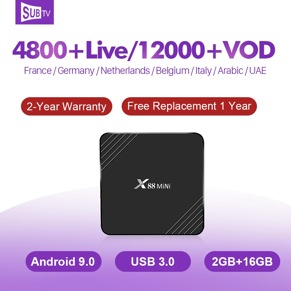 

SUBTV Box IPTV France Italy Arabic IP TV Android 9.0 X88 Mini TV Box 2G 16G UK Portugal Spain Turkey Belgium IPTV Subscription
