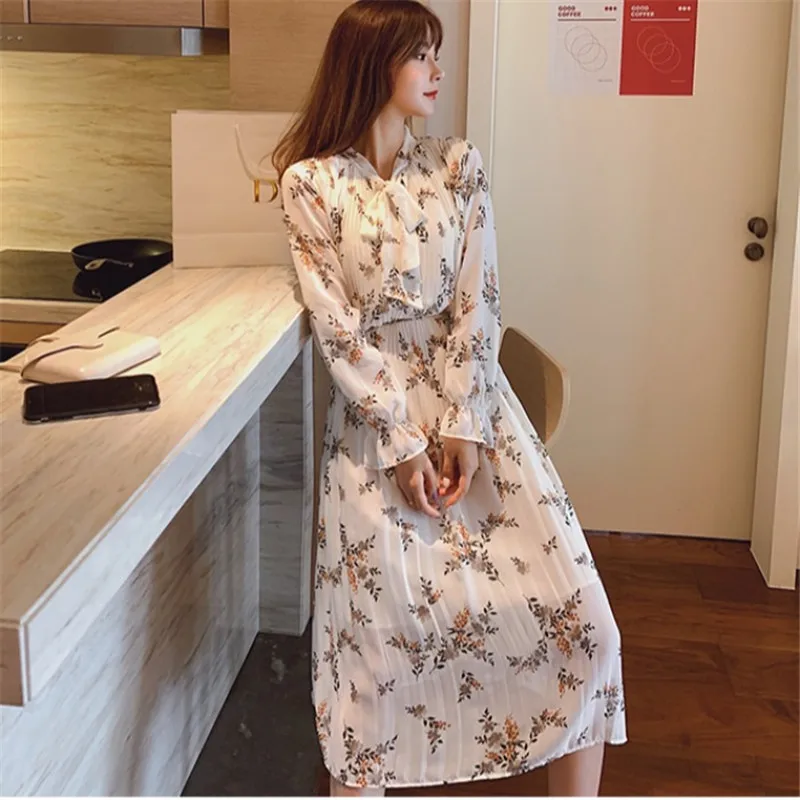 

Elegant Vintage Chiffon Waist Floral Pleated Dress Women 2020 Spring New Plus size Mid-length Long sleeve Office Dress Vestidos