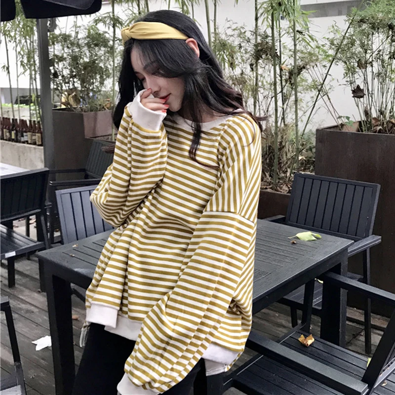 

2019 Women's Round Neck Long Sleeve Tops Stripes Loose Baggy Pullover Warm Womens Tops And Blouses Blusa Feminina