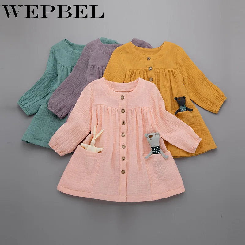 WEPBEL для девочек детский однотонный Топы Дети обувь для девочек из хлопка и льна, платье принцессы платье-пачка праздничная одежда на пуговицах, с О-образным вырезом платья