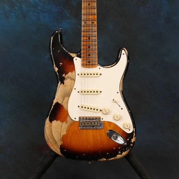 Sunburst color Relics Electric Guitar,Relics by hands.high quality pickups,maple fingerboard.handmade 6 stings guitar. top quality gyhl 0009 headless blue color ash wood body with f hole quilted maple veneer cover active pickup electric guitar