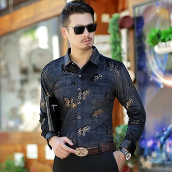 

Flower Velvet Shirt men Long Sleeve Club Party Shirts 2019 new Slim Fit Velvet Shirt Camisa Social Shirts chemise homme