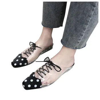 

SAGACE PVC Transparent Slippers For Women Dots Print Lace Up Slipper Fashion Casual Flat Half-Toe Slides Zapatos De Mujer