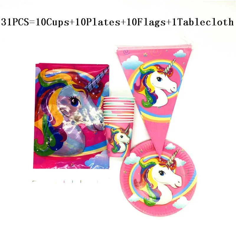 

31Pcs\Lot Kids Favors Cartoon Tissues Unicorn Plates Birthday Party Cups Dishes Baby Shower Decoration Napkins Supplies