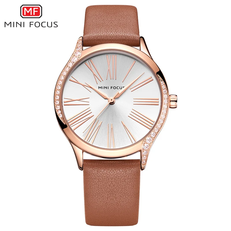 MINIFOCUS, классические, элегантные, синие, кожаные, женские часы, Iced Out, кварцевые, женские часы, водонепроницаемые, простой дизайн, модные, женские часы - Цвет: BROWN RG