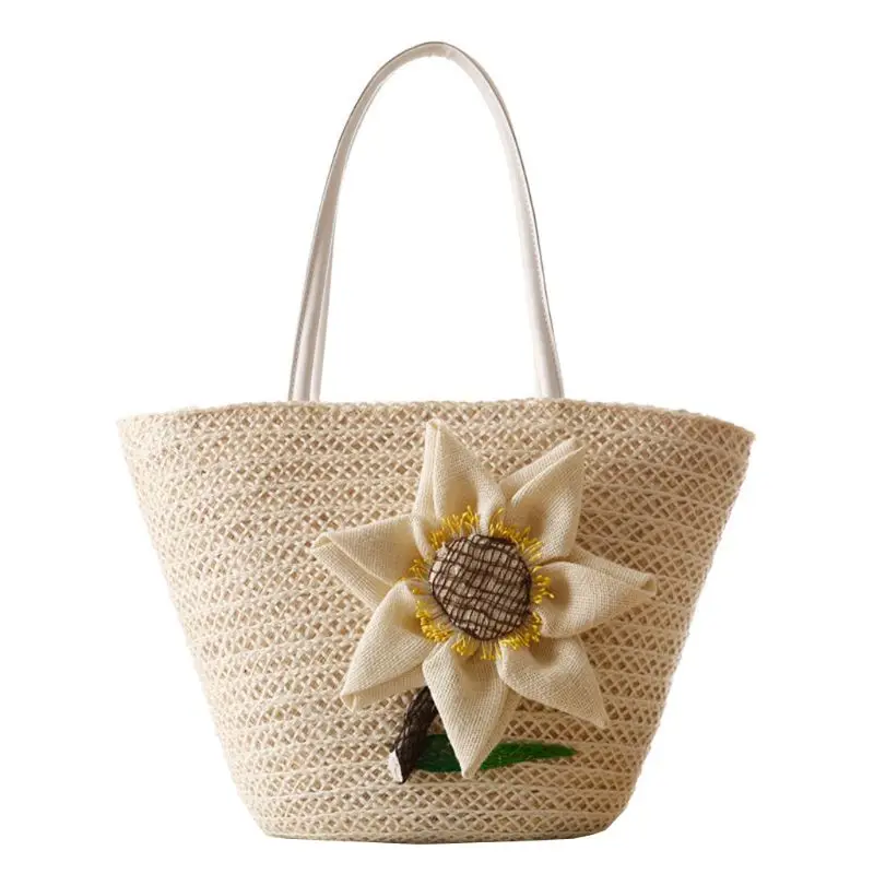 

New Flower Straw Bags Women Summer Beach Bag Large Tote Boho Purse Shoulder Handbag