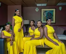 Cheap One Shoulder Mermaid Bridesmaid Dresses  African Satin Prom Party Dress Pleats Long Yellow Formal Wedding Guest Gowns