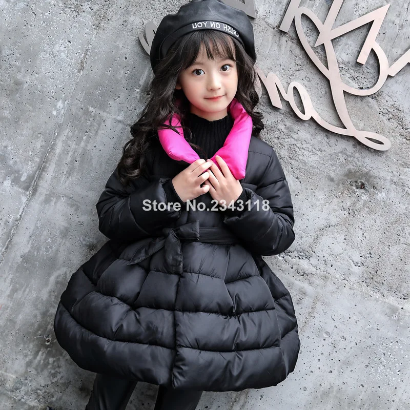 

2019Girls Winter Clothes Cotton Padded Clothes Casual Padded Jacket Winter Warm Cotton Coat Down Parkas Bow Belt Black Purple