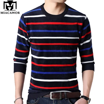 

MIACAWOR New Thick Winter Sweater Men Fleece Warm Pullover Men Casual Striped Slim Fit Jumpers Knitwear Sweater Pull Homme Y249