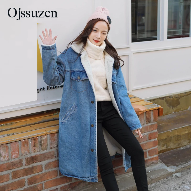 

Solid Blue Plus Size S-2XL Warm Winter Denim Jacket Women Lamb Coat Loose Female Jacket Thick Park Women's Winter