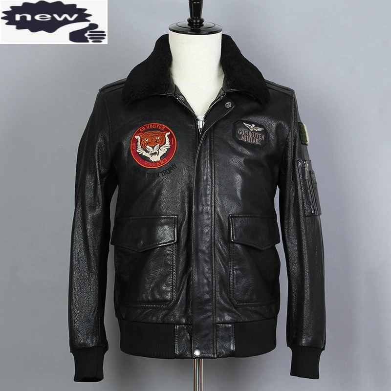 

2021 Genuine Leather Men Fur Collar Air Force Flight G1 Cowskin Slim Fit Bomber Jacket Short Motorcycle Coat