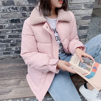 

Women's Parka Chic Thick Short Solid Coat Turn-Down Collar Pockets Zipper Long Sleeve Female Parkas Winter New Warm Ladies Coats