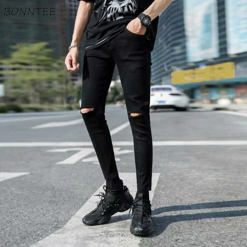 Pantalones vaqueros de estilo coreano para hombre joven, Jeans ajustados de cintura media con longitud tobillo, informales que combinan con todo, moda joven|Pantalones - AliExpress