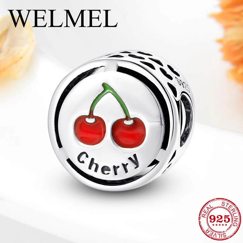 

100% Authentic 925 Sterling Silver Letter Enamel Cherry Shape Charm Beads Fit Pandora Charm Bracelet DIY Original Silver Jewelry