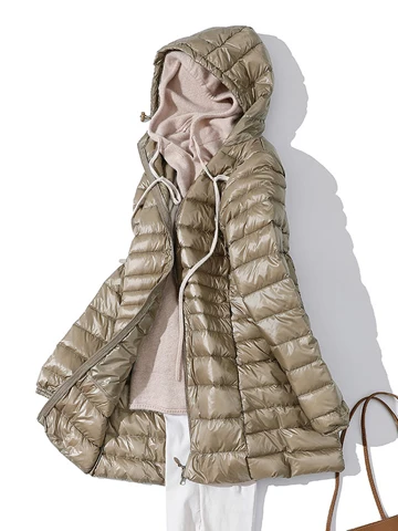 Женский пуховик, 7XL, зимний женский пуховик с капюшоном, длинная куртка, белый утиный пух, Женское пальто, ультра-тонкий светильник, одноцветные куртки - Цвет: champagne