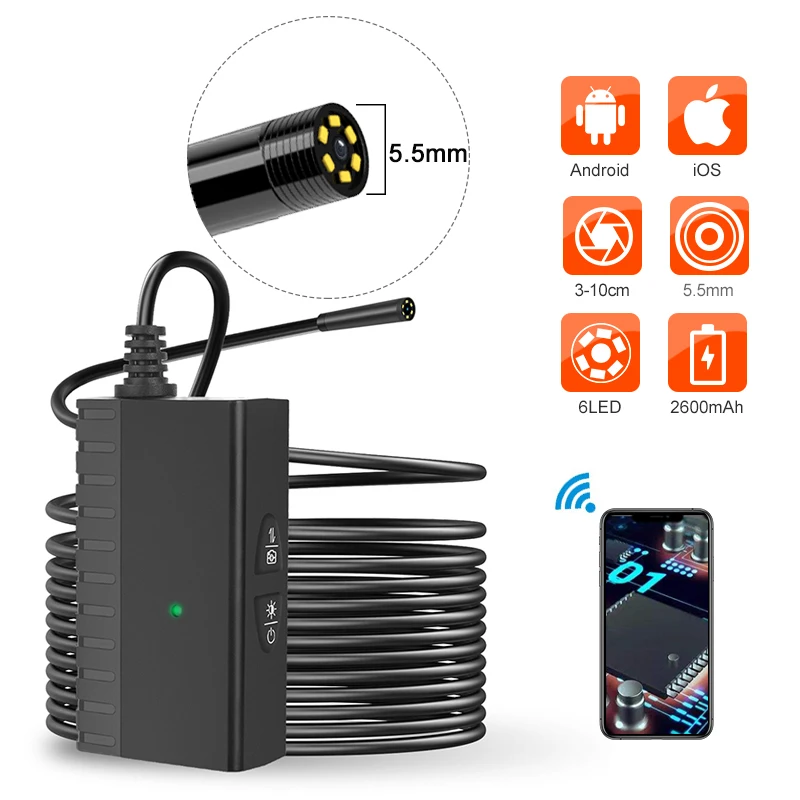 5.0MP WiFi эндоскоп HD Инспекционная камера беспроводная змея с полужестким кабелем 6