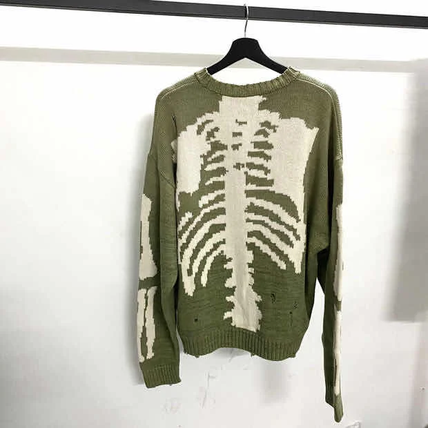 Kapital Green Loose Skeleton Bone Printing Sweater  Men Woman Good Quality High Street Damage Hole Vintage 1:1 Knit Sweater