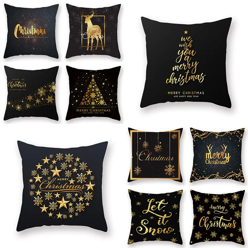 

Pillow Case Black Christmas Decor Throw Pillows Cover Christmas Cushion Pillowslip Home Supplies Cushion Cover Gold Printing