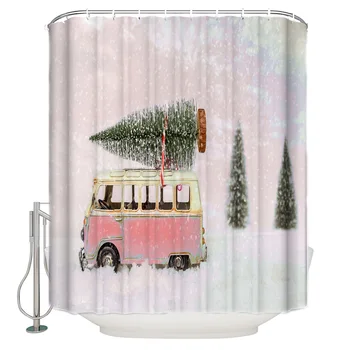 

Snow Pink Bus Christmas Tree Shower Curtain Waterproof Polyester With 12 Hooks