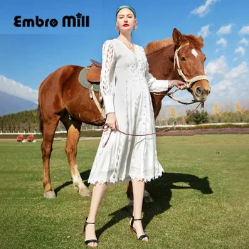 

Spring New White Dress Street Style Hollow V-Neck Single-Breasted Lace Splice Long-Sleeved Slim A-line Dress S-XL