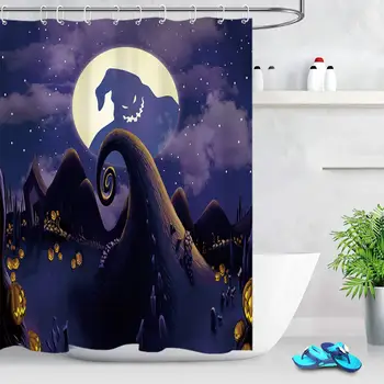 

The Nightmare Before Christmas Shower Curtain Moonnight Theme Spooky Ghost Pumpkins with Witch Hats