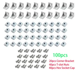 100pcs 2020 Aluminum Profile Connector Set 20pcs Corner Bracket + 40pcs 20 Series M5 T-slot Nuts + 40pcs M5x8mm Hex Socket Cap E
