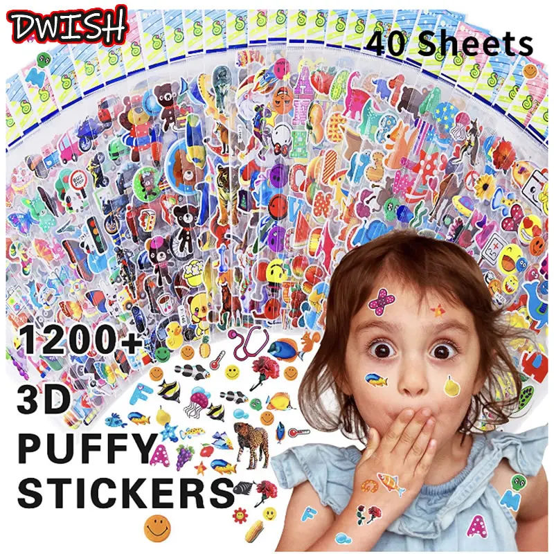 

40pcs 3D Puffy Bubble Stickers Cartoon Animal Funny Waterproof PVC Different Sticker Children Scrapbooking Girl Boy Kid DIY Gift