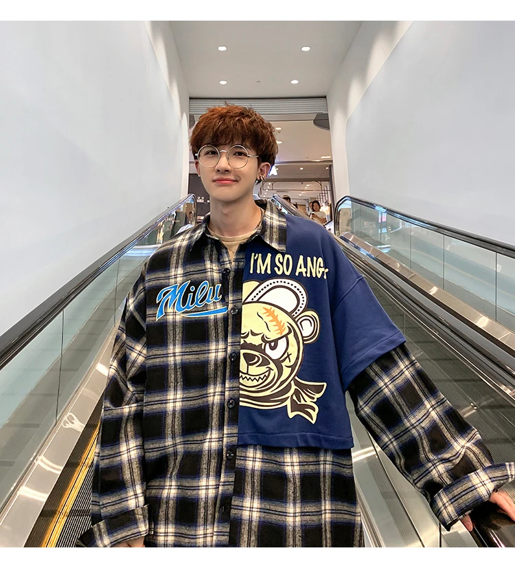 LAPPSTER мужские уличные клетчатые рубашки мужские s Лоскутные забавные Harajuku корейские рубашки с длинными рукавами Повседневные хлопковые рубашки плюс размер