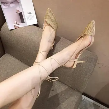 

Retro Woman Shoes Med Beige Heeled Sandals Clear Heels All-Match Original Medium Black Real Lace Up Sandals Comfort Block High