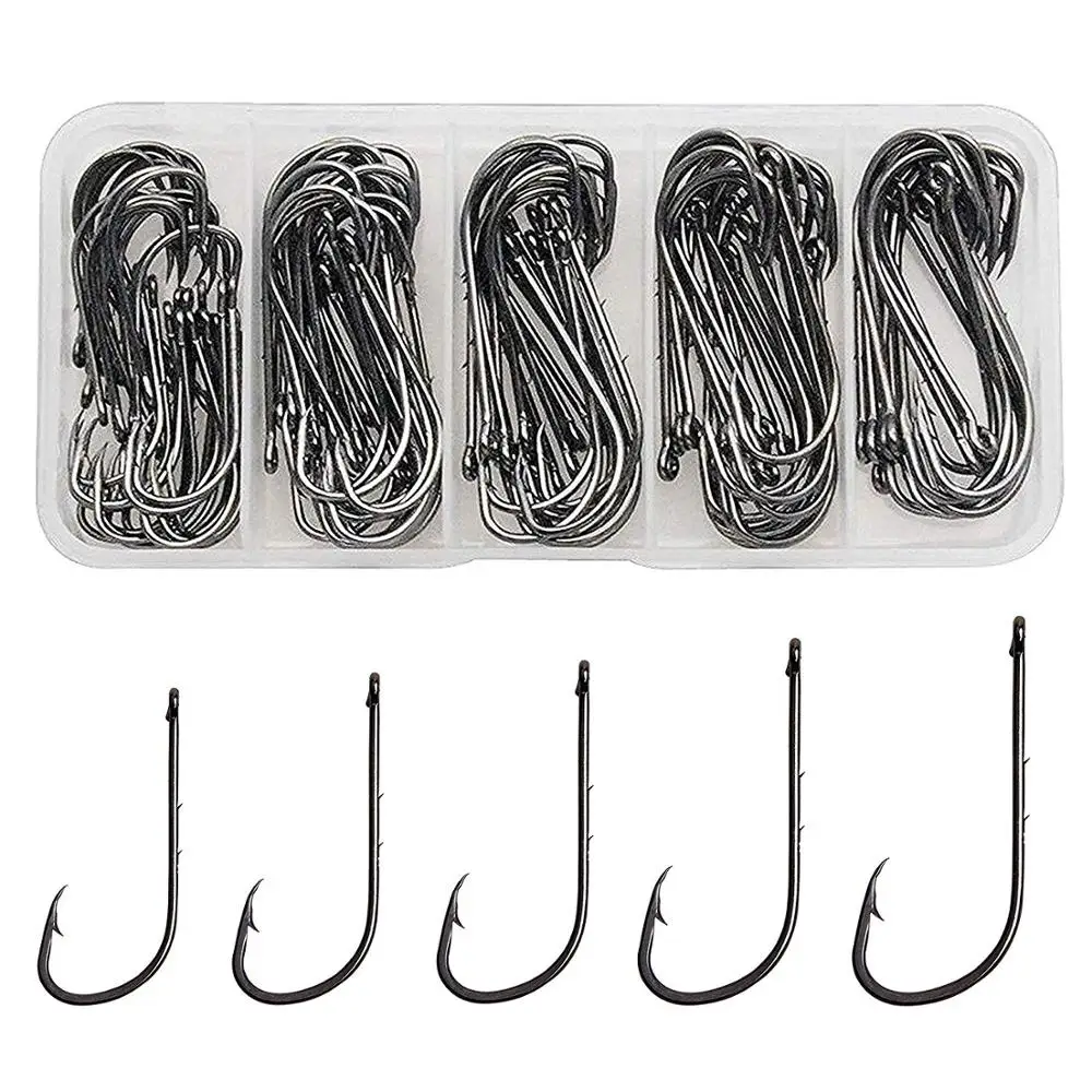 

195pcs/Box Baitholder Fishing Hooks Set Long Shank Beak Hooks Black Offset Bait Holder Jig Hooks With 2 Barbs