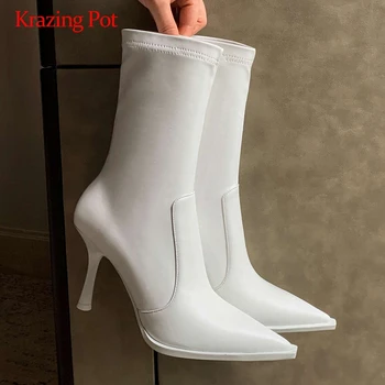 

Krazing pot high street fashion real leather stretch pointed toe thin high heel slip on elegant lady gorgeous mid-calf boots L00