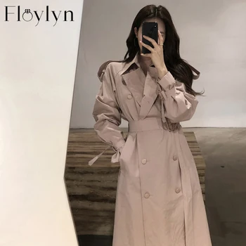 

Chic Double-Breasted Long Women Trench Coat with Belt Classical Lapel Collar Loose Windbreaker Autumn Winter Female Outwear 2020