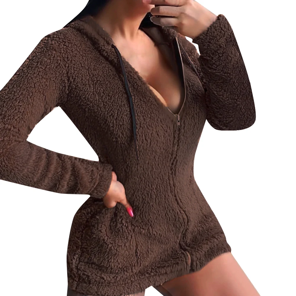 

Women Spring Warm Plush Coat Hooded Zipper Decor O-Neck Long Sleeve Solid Color Slim Top Winter Fashion Female Clothing 2021