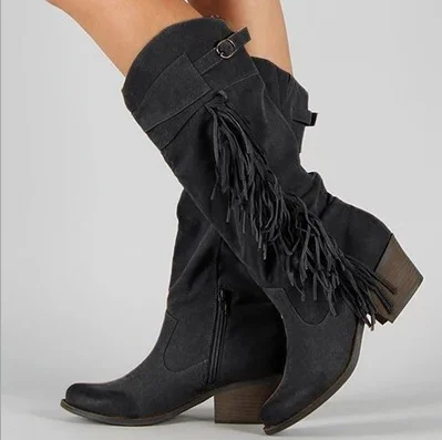 Женские ботинки до середины икры; обувь из флока с кисточками на шпильках; винтажные женские ботинки-гладиаторы; Chaussure; botas mujer invierno; модная обувь; D29