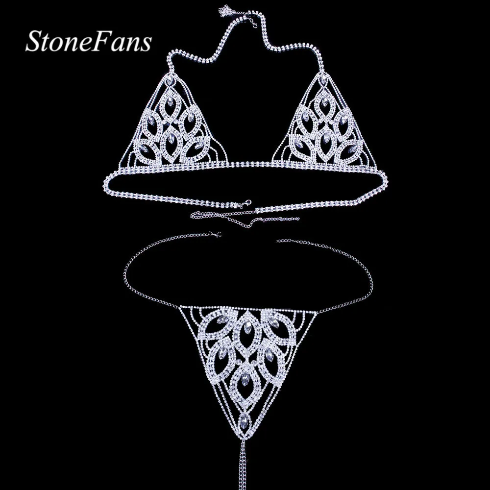 Stonefans кристальная цепочка для тела в форме листа сексуальный комплект бикини